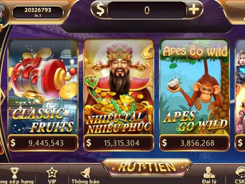 Giao diện trò chơi slot game với biểu tượng nổ hũ và trò chơi bắn cá sinh động, đầy màu sắc.